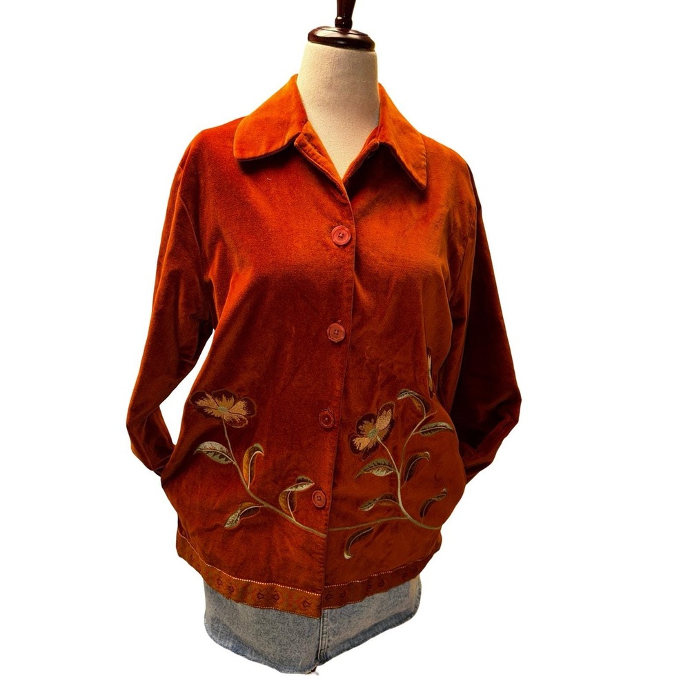 Jessica Holbrook Jacket Women Orange Velvet Floral Embroidered Button Up Size M